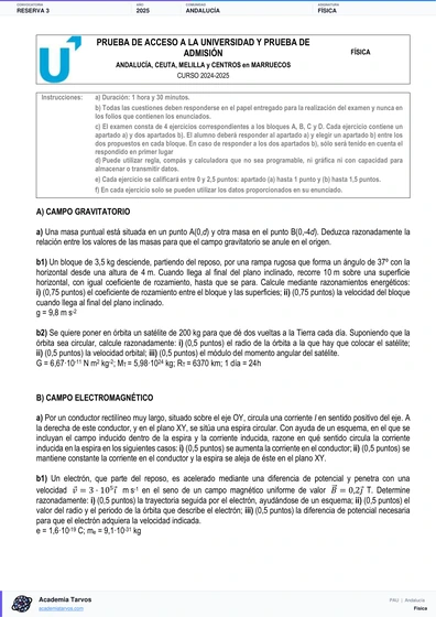 Vista previa de Examen PAU de Física de Andalucía 2025 – Reserva 3