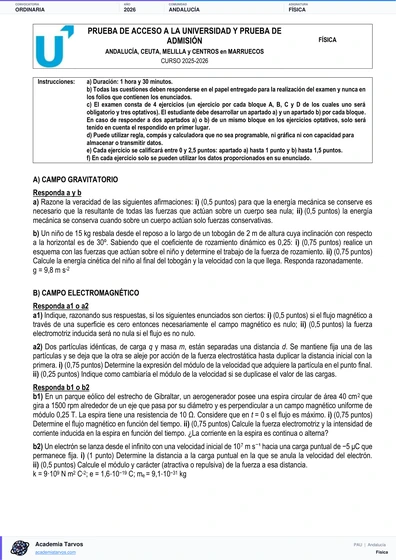 Vista previa de Examen PAU de Física de Andalucía 2026 – Ordinaria
