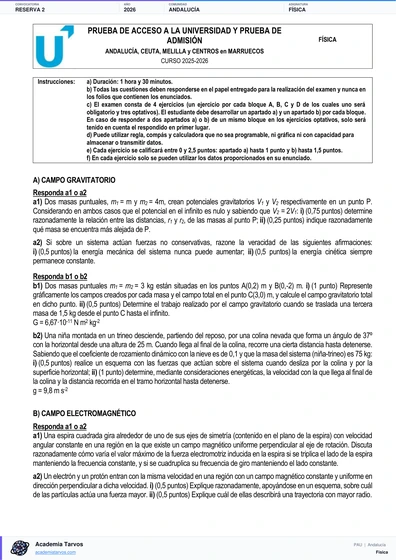 Vista previa de Examen PAU de Física de Andalucía 2026 – Reserva 2