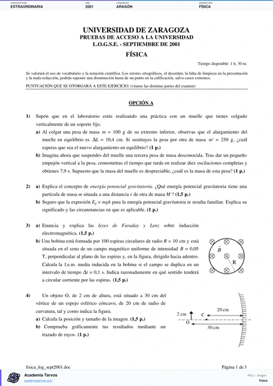 Vista previa de Examen PAU de Física de Aragón 2001 – Extraordinaria