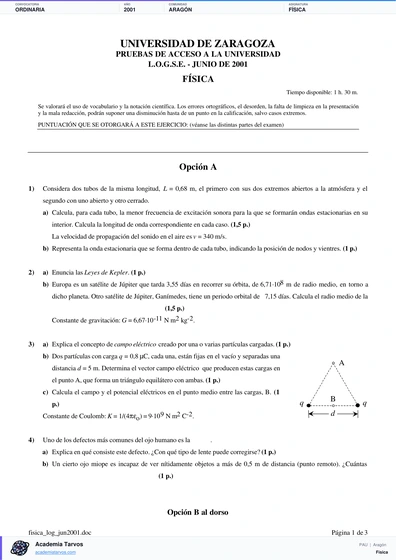 Vista previa de Examen PAU de Física de Aragón 2001 – Ordinaria