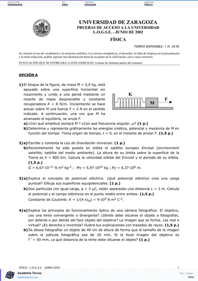 Vista previa de Examen PAU de Física de Aragón 2002 – Ordinaria