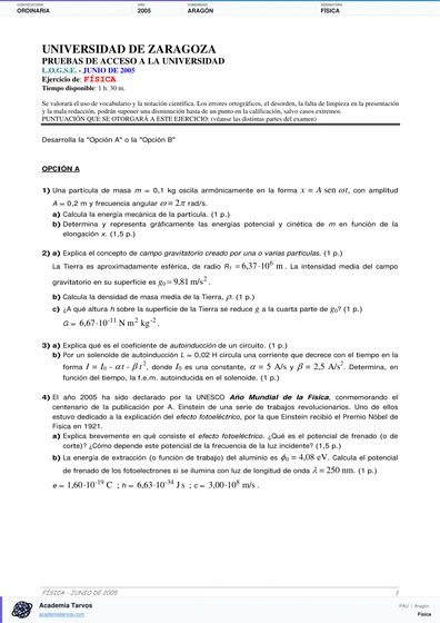 Vista previa de Examen PAU de Física de Aragón 2005 – Ordinaria