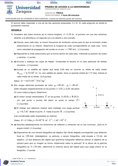Vista previa de Examen PAU de Física de Aragón 2012 – Ordinaria
