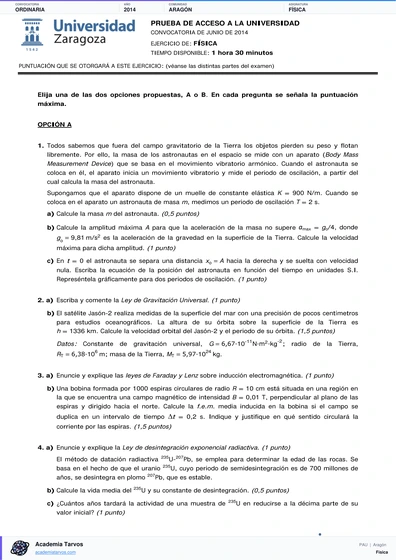 Vista previa de Examen PAU de Física de Aragón 2014 – Ordinaria