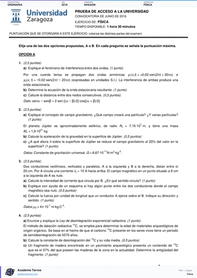 Vista previa de Examen PAU de Física de Aragón 2016 – Ordinaria