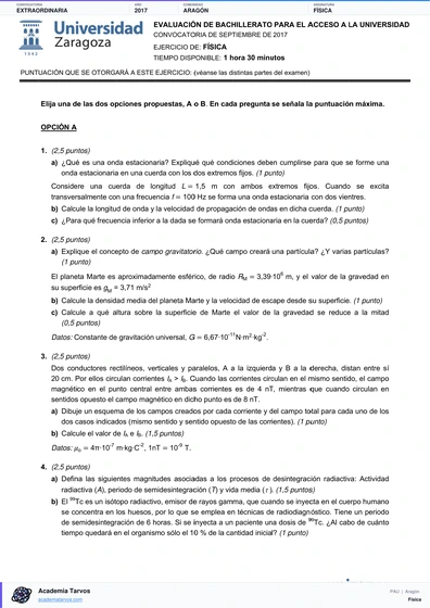 Vista previa de Examen PAU de Física de Aragón 2017 – Extraordinaria