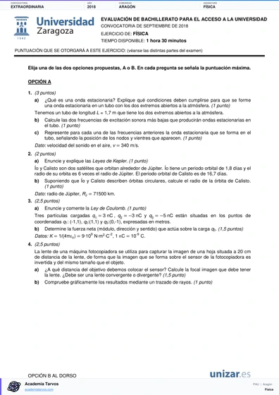 Vista previa de Examen PAU de Física de Aragón 2018 – Extraordinaria
