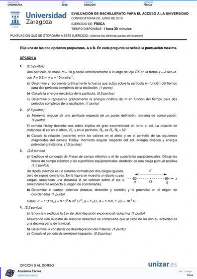 Vista previa de Examen PAU de Física de Aragón 2018 – Ordinaria