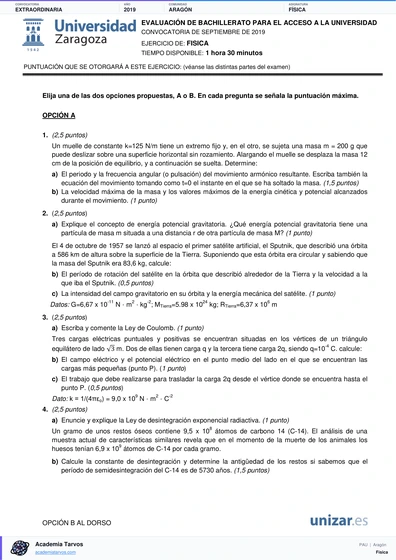 Vista previa de Examen PAU de Física de Aragón 2019 – Extraordinaria