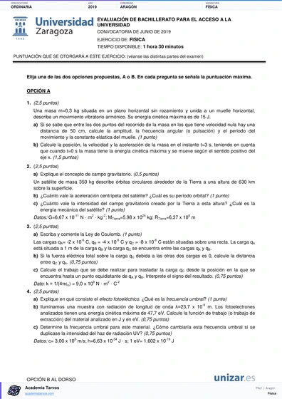 Vista previa de Examen PAU de Física de Aragón 2019 – Ordinaria