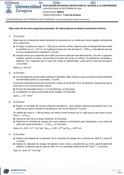 Vista previa de Examen PAU de Física de Aragón 2020 – Extraordinaria