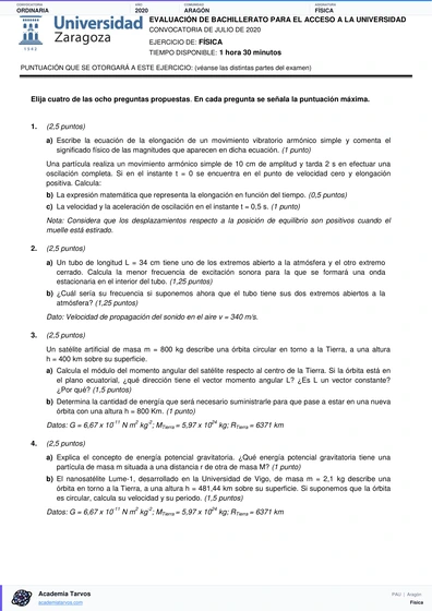 Vista previa de Examen PAU de Física de Aragón 2020 – Ordinaria