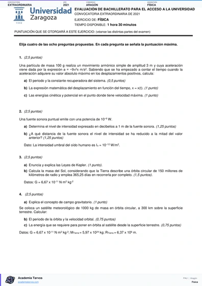 Vista previa de Examen PAU de Física de Aragón 2021 – Extraordinaria