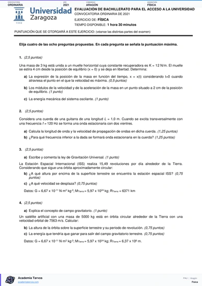 Vista previa de Examen PAU de Física de Aragón 2021 – Ordinaria