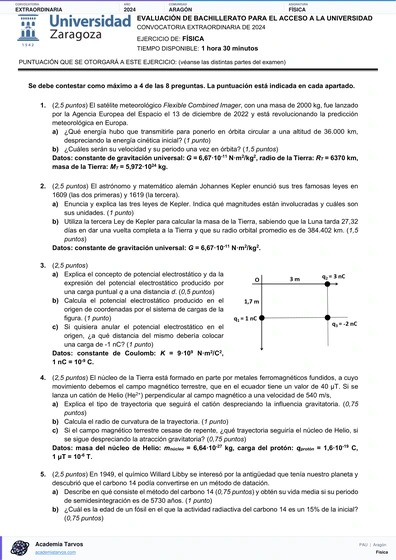 Vista previa de Examen PAU de Física de Aragón 2024 – Extraordinaria
