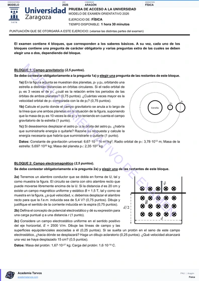 Vista previa de Modelo PAU de Física de Aragón 2026