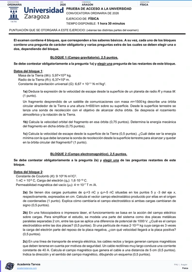 Vista previa de Examen PAU de Física de Aragón 2026 – Ordinaria