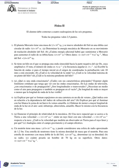 Vista previa de Examen PAU de Física de Asturias 1998 – Extraordinaria