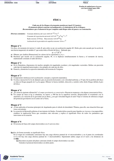 Vista previa de Examen PAU de Física de Asturias 1998 – Ordinaria   COU