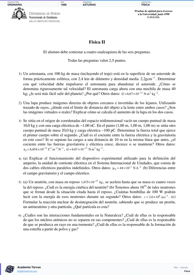 Vista previa de Examen PAU de Física de Asturias 1998 – Ordinaria
