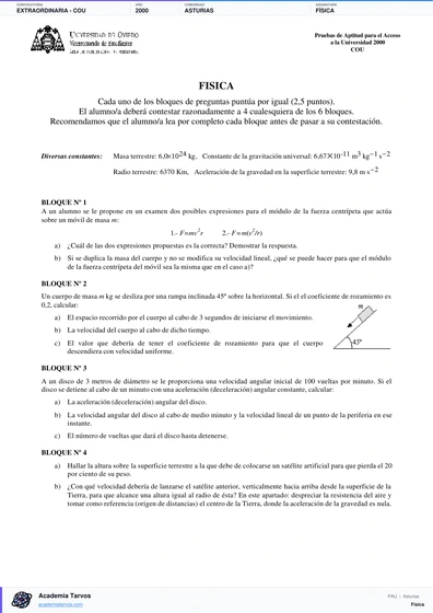 Vista previa de Examen PAU de Física de Asturias 2000 – Extraordinaria   COU