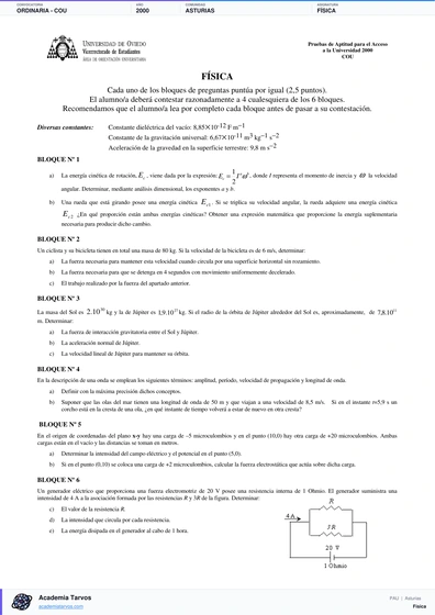 Vista previa de Examen PAU de Física de Asturias 2000 – Ordinaria   COU