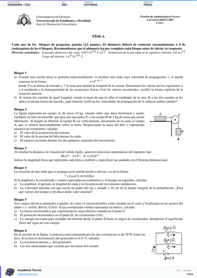 Vista previa de Examen PAU de Física de Asturias 2001 – Ordinaria   COU
