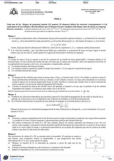 Vista previa de Examen PAU de Física de Asturias 2002 – Extraordinaria   COU