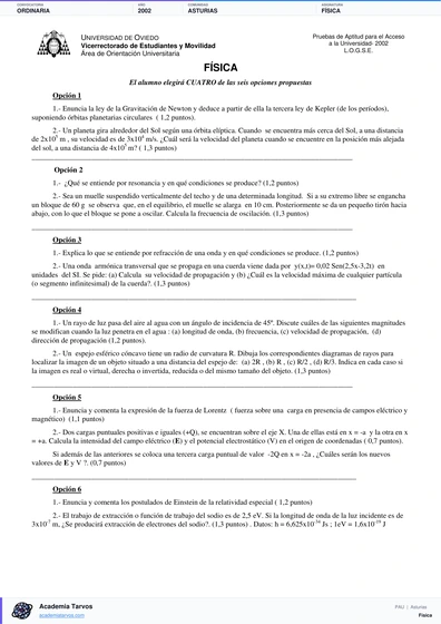 Vista previa de Examen PAU de Física de Asturias 2002 – Ordinaria