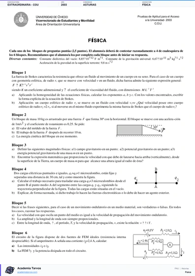 Vista previa de Examen PAU de Física de Asturias 2003 – Extraordinaria   COU
