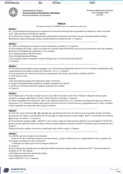 Vista previa de Examen PAU de Física de Asturias 2003 – Extraordinaria