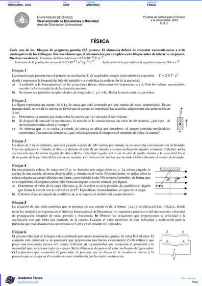 Vista previa de Examen PAU de Física de Asturias 2003 – Ordinaria   COU