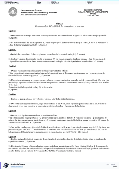 Vista previa de Examen PAU de Física de Asturias 2004 – Extraordinaria