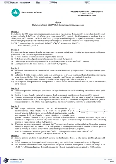 Vista previa de Examen PAU de Física de Asturias 2005 – Extraordinaria   Transitoria