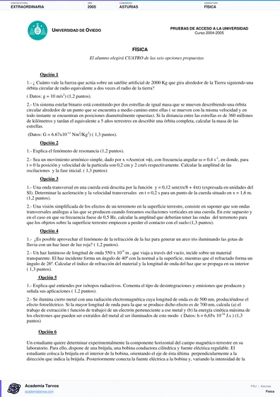 Vista previa de Examen PAU de Física de Asturias 2005 – Extraordinaria