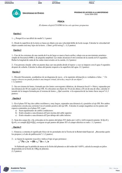 Vista previa de Examen PAU de Física de Asturias 2005 – Ordinaria