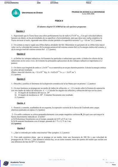 Vista previa de Examen PAU de Física de Asturias 2006 – Extraordinaria