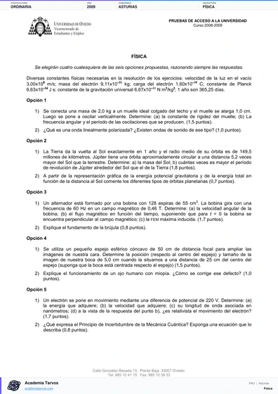Vista previa de Examen PAU de Física de Asturias 2009 – Ordinaria