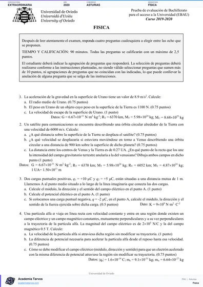 Vista previa de Examen PAU de Física de Asturias 2020 – Extraordinaria