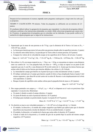 Vista previa de Examen PAU de Física de Asturias 2020 – Ordinaria