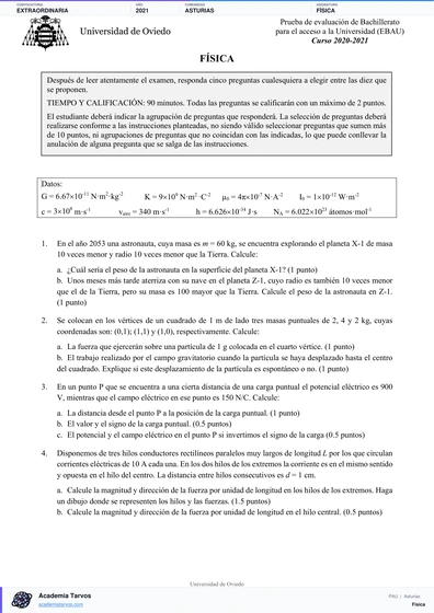 Vista previa de Examen PAU de Física de Asturias 2021 – Extraordinaria