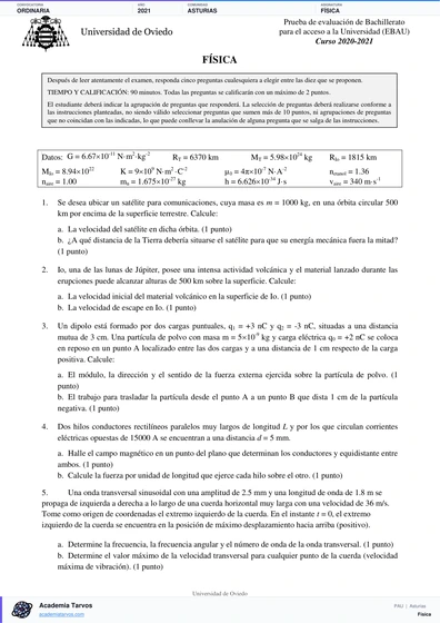Vista previa de Examen PAU de Física de Asturias 2021 – Ordinaria