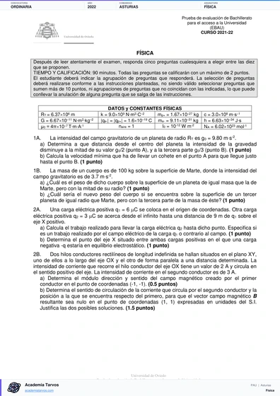 Vista previa de Examen PAU de Física de Asturias 2022 – Ordinaria