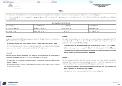 Vista previa de Examen PAU de Física de Asturias 2023 – Extraordinaria