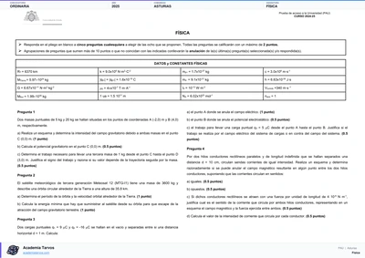 Vista previa de Examen PAU de Física de Asturias 2025 – Ordinaria