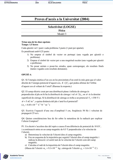 Vista previa de Examen PAU de Física de Illes Balears 2004 – Extraordinaria