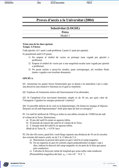 Vista previa de Examen PAU de Física de Illes Balears 2004 – Ordinaria