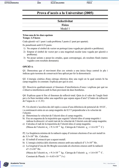Vista previa de Examen PAU de Física de Illes Balears 2005 – Extraordinaria