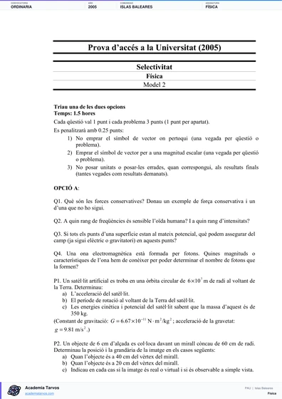 Vista previa de Examen PAU de Física de Illes Balears 2005 – Ordinaria